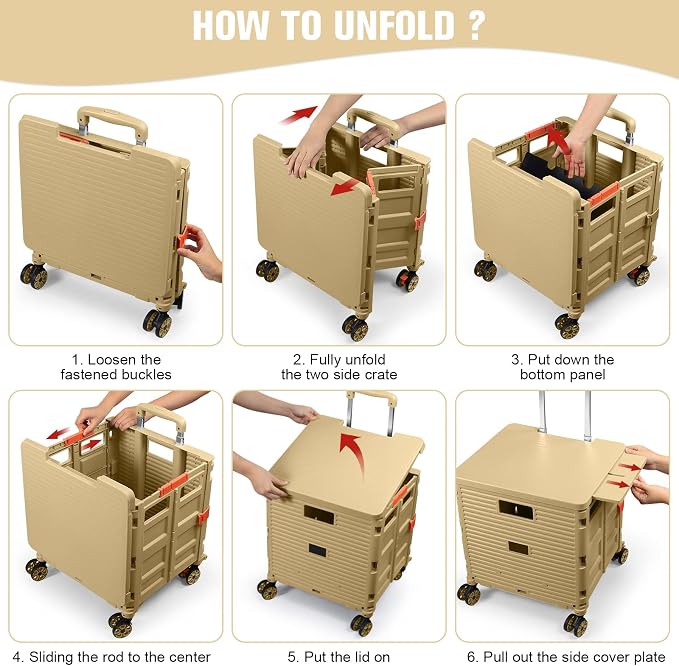 FELICON SELORSS Folding Utility Cart Portable Rolling Crate Handcart-Khaki | - Image 5
