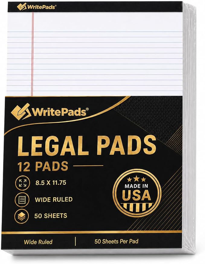 Legal Pads 8.5 x 11.75 Inch Wide Ruled Writing Pads, 12 Pack Note Pads by WritePads