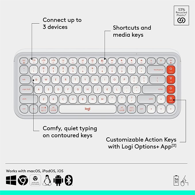 Logitech POP ICON Keys Wireless Bluetooth Keyboard, Comfortable Typing, Programmable Keys, Easy-Switch Between up to 3 Devices, for Laptop, Tablet, PC – Off White and Orange-DeskLoop Office