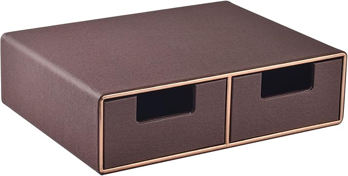 Linen Leather Desk Organizer and monitor stand with Drawers－Mini Desktop Drawer Organizer Stackable－Tabletop Organization Storage Box for Office Supplies Home Vanity Toiletries (Brown, 2-drawers)-DeskLoop Office