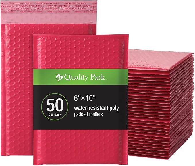 Quality Park Bubble Mailers, 6 x 9 Shipping Envelopes, Water Resistant Red Poly by Quality+Park