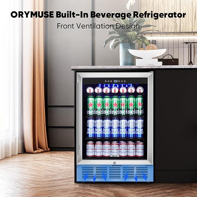 24" Beverage Refrigerator & Cooler, 180 Cans Under Counter Fridge with Lock, Glass Door & Powerful Cooling Compressor - Quiet, Built-in/Freestanding Drink Fridge-DeskLoop Office