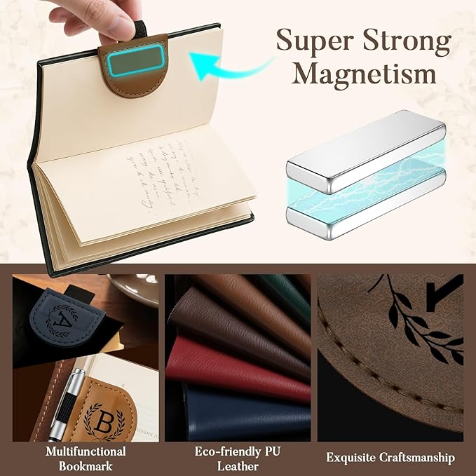 Personalized Bygone Mark Bookmark with Pen Holder,Engraving Leather Magnetic Bookmarks Vintage 26 Letters Name Initials Text Book Marker Clips Gifts for Reading Book Lovers Women (Coffee, B)