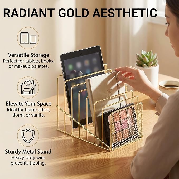Gold Desk Organizer 7 Slot Inclined Vertical File Folder Holder Sorter - Image 6