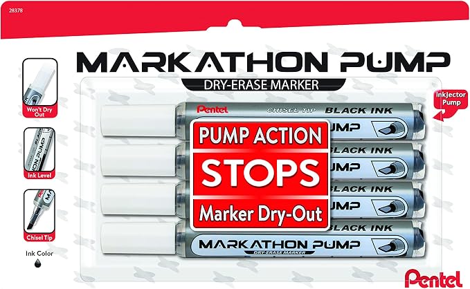 Pentel Markathon Pump Dry Erase Marker, Chisel Tip, 4 Pack by PentelofAmerica