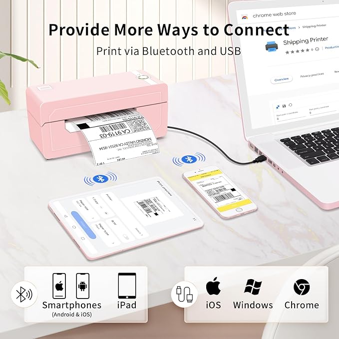 JADENS Bluetooth Thermal Label Printer 4x6, Pink Wireless Shipping Label Printer for Small Business & Packages, Compatible with iOS, Android, Mac, Windows, Amazon, Etsy, Ebay, Shopify-DeskLoop Office