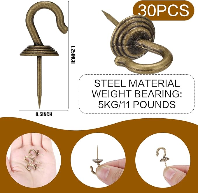 Hotop 30 Pieces Push Pin Wall Hooks Metal Thumb Tack Hangers Iron Alloy Nail - Image 2