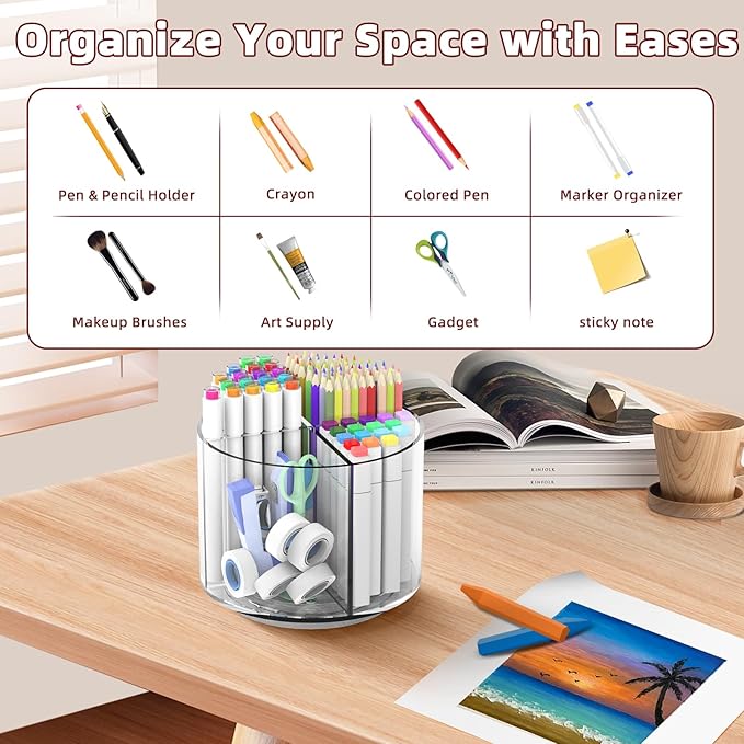 Absonic Pencil Holder for Kids, 360 Rotating Pen Holder for Desk Organizer and Storage, 4 Compartments Art Supply Marker Organizer, Pen Organizer Pencil Holder-DeskLoop Office