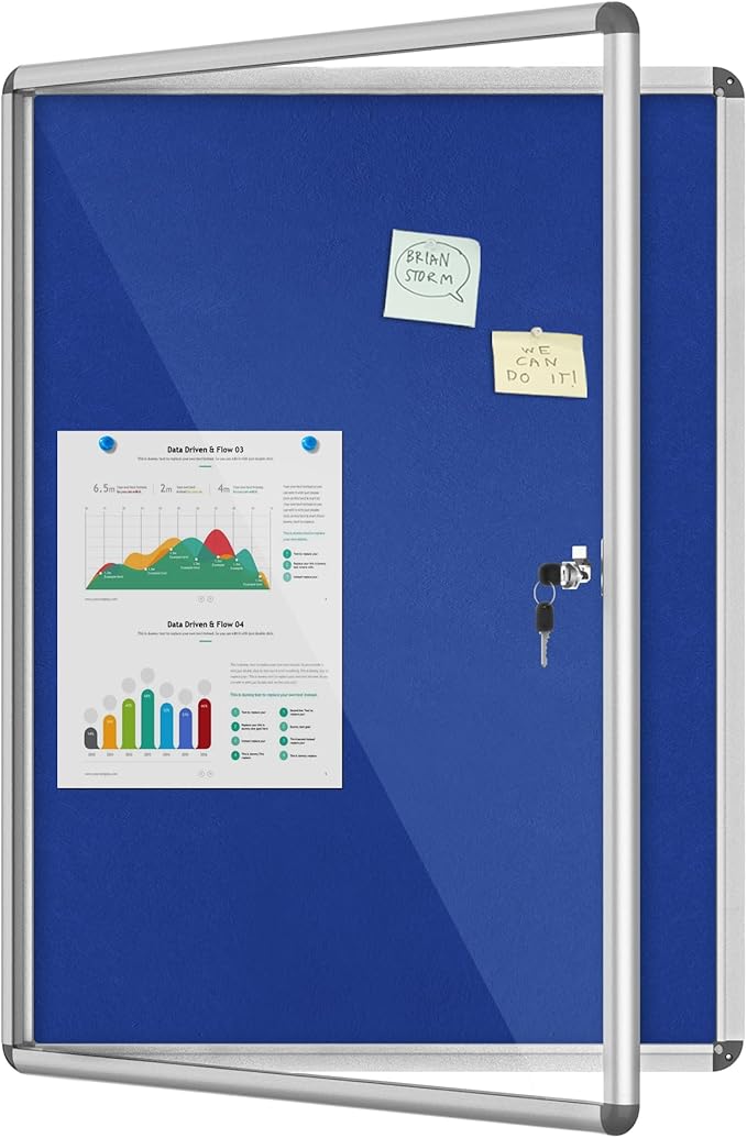 38"x28" Enclosed Bulletin Board, Lockable Weather-Resistant Aluminum Cork Noticeboard for School & Office, Silver Frame w/Blue Flet-DeskLoop Office