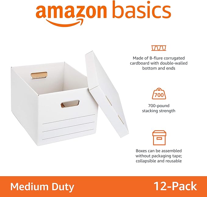 Amazon Basics Medium Duty Storage/Filing Boxes With Lid and Handles, Legal/Letter Size, 12-Pack, White, 16.2" L x 12.5" W x 10.5" H-DeskLoop Office