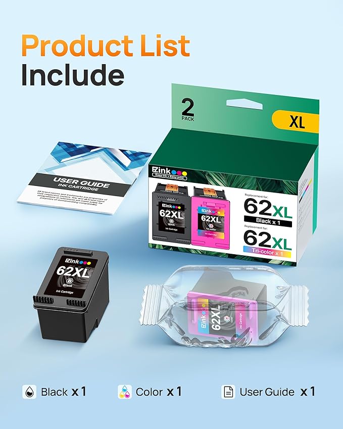 62XL Ink Remanufactured Ink Cartridges for HP 62 Ink 62XL Ink Cartridges Black and Color High Yield Use with HP Envy 5540 5640 5660 7644 OfficeJet 5740 5741 8040 200 250 Series Printer(2-Pack)-DeskLoop Office