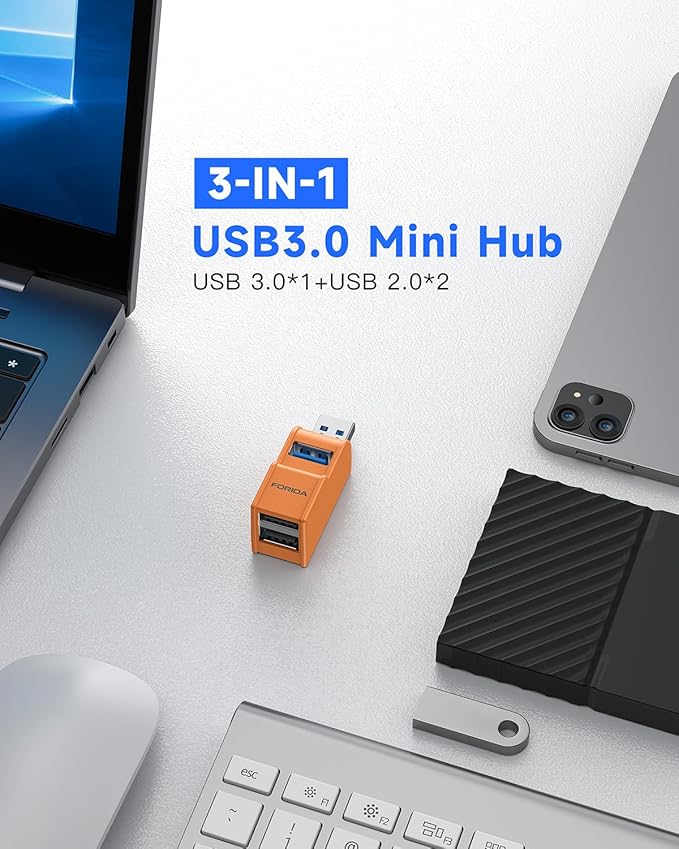 FORIDA 3 Ports USB 3.0 Adapter, USB Hub with 1 USB 3.0 and 2 USB 2.0 Ports, Portable USB Port Splitter for Keyboard, Mobile Hard Disk, U Disk, Camera, Mouse, etc (Orange)-DeskLoop Office