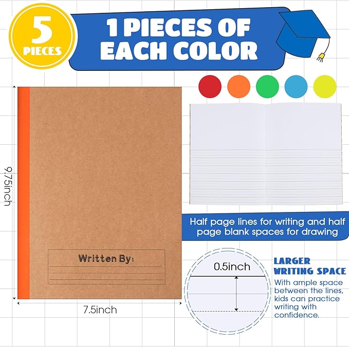 Henoyso 5 Pcs Primary Composition Notebook 9 3/4 x 7 1/2 Inch Kids Journal, Back to School Supplies, K-2 Primary Writing Notebook for Kids Student Draw and Write Story Journal (Bright Color)-DeskLoop Office