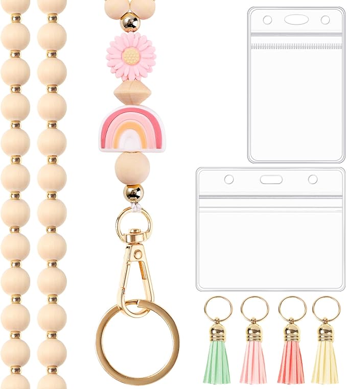 BESARME Teacher Lanyard with ID Holder Cute Wooden Beaded Lanyards by BESARME