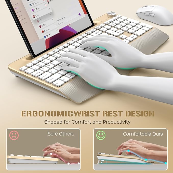 Ergonomic Wireless Keyboard and Mouse with Wrist Rest，Phone Holder - 2.4GHz Full-Sized Low-Profile Quiet Gold Wireless Mouse and Keyboard Combo for Computer, Laptop, PC, Mac-Gold