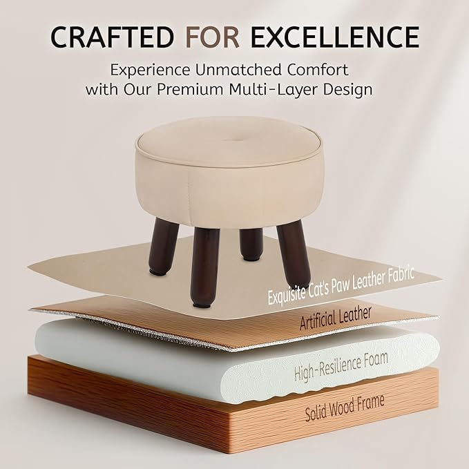 13in Small Foot Stool Ottoman, Round Faux Leather Foot Rest for Couch, Under Desk Pouf Footstool Footrest with Non-Skid Rubber Legs for Ling Room, Bedroom, 13''L x 13''W x 10.2''H, Beige-DeskLoop Office