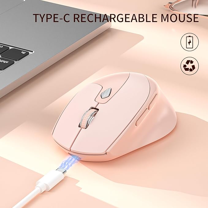 TENMOS M7 Bluetooth Mouse, Rechargeable Dual Mode BT5.1+ 2.4GHz USB Silent Wireless Bluetooth Mouse with Type C Adapter & Battery Indicator, Ergonomic Design for Laptop, iPad, MacBook - Light Pink-DeskLoop Office