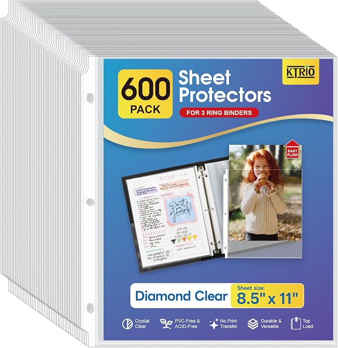 KTRIO Sheet Protectors for 3 Ring Binder 600 Pack, Plastic Sleeves 8.5 x 11 | by KTRIO
