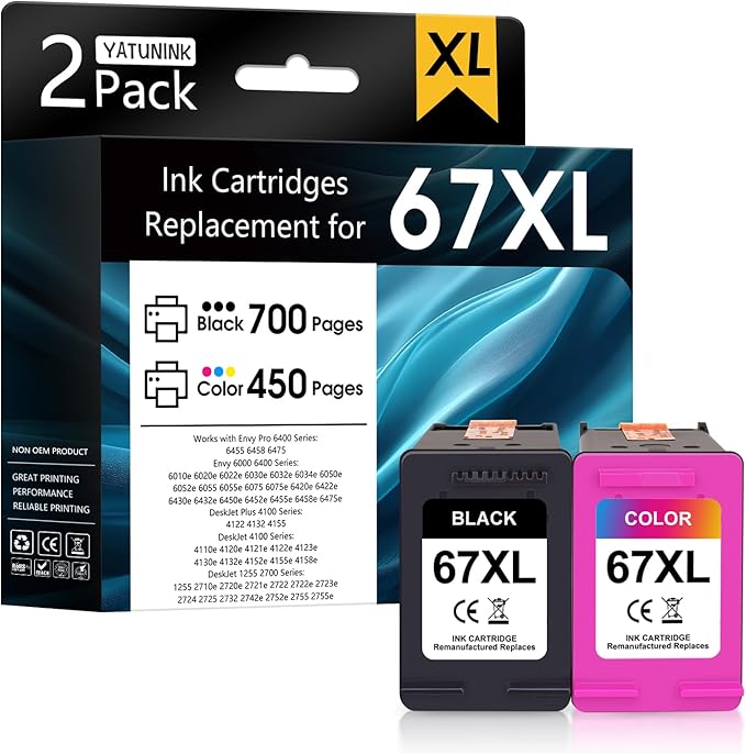 67XL 67 Ink Cartridges Black/Color Combo Pack Compatible for HP Ink 67 67XL Printer Ink Works with Envy 6455e 6400 6155e 6055e 6000 Deskjet 4255e 4155e 4100e 2755e 2700 (Black, Color) 2Pack-DeskLoop Office