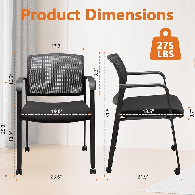 CLATINA Mesh Back Guest Reception Arm Chairs with Wheels, Waiting Room Chairs with Upholstered Fabric Seat and Ergonomic Lumbar Support for Office, 8PK-DeskLoop Office