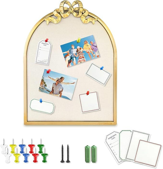 Vintage Arched Linen Cork Board with Gold Bowknot – Decorative Bulletin Board for Walls, Iron Frame Pin Board for Notes, Photos & Reminders, Elegant Vision Board for Home & Office 16"x21"-DeskLoop Office