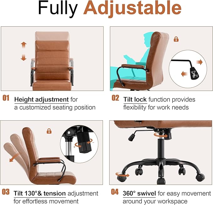 Office Desk Chair,Modern Leather Conference Room Chairs,High Back Home ofiice Chair,Adjustable Height Swivel Executive Computer Chair with Padded Seat and Armrest (Brown with Black Frame)-DeskLoop Office