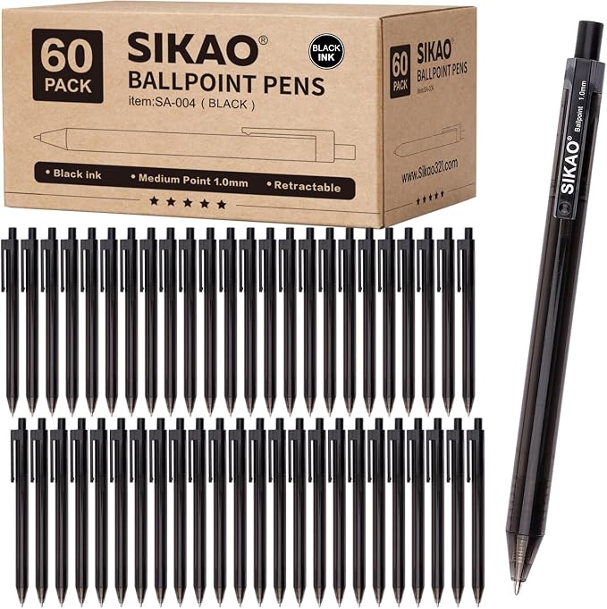 Black Pens Bulk, 60 Pack Retractable Ballpoint Pens Black Ink | Smooth Writing by Sikao