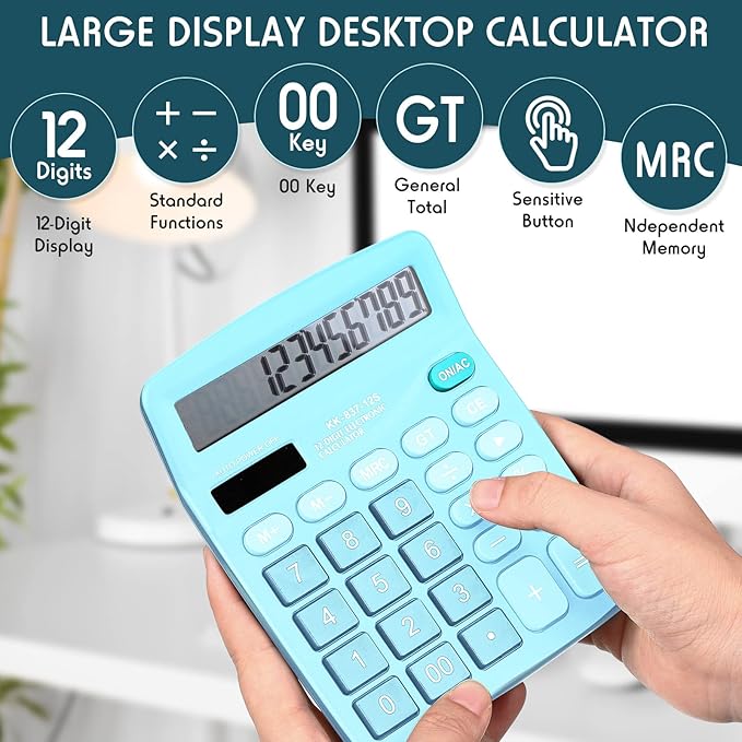 Konohan 8 Pieces 12-Digit Calculator, Solar Basic Desktop Calculator Large Display Electronic Dual Power Handheld for Home Office School(Blue)-DeskLoop Office