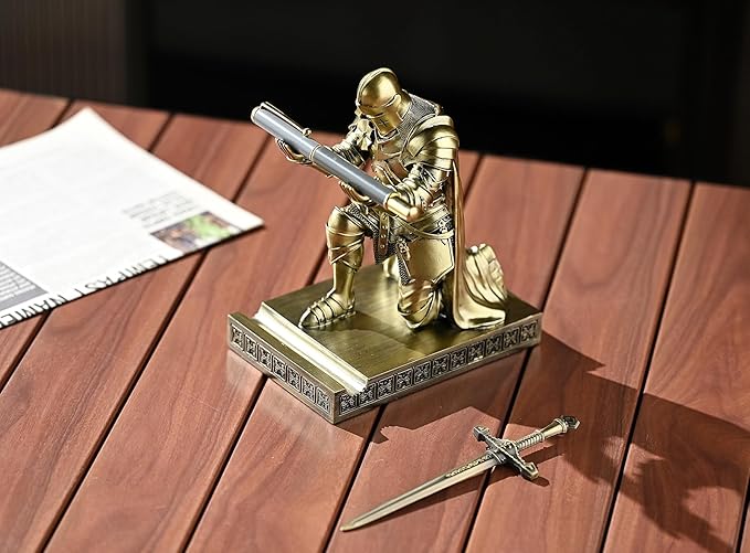Medieval Armored Warrior Wearing Outerwear, Mobile Phone Stand Knight Pen Holder Desk Organizers, Resin Bookends Paperweight with a Letter Opener for Desk (Bronze)-DeskLoop Office