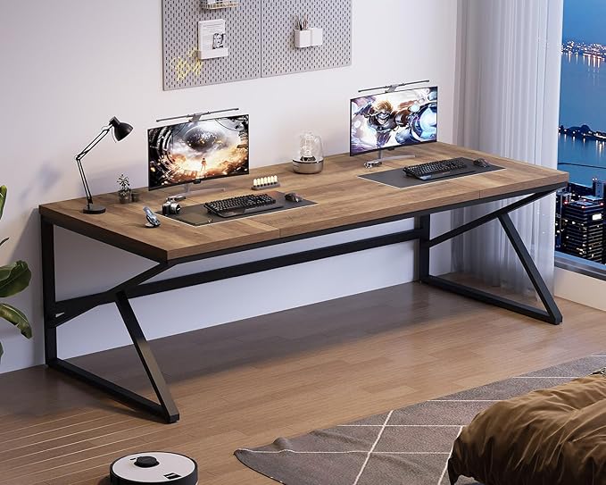 HSH Extra Large Home Office Desk, Rustic Wood and Metal Computer Desk for 2 People, 78 Inch Long Executive Writing Study Gaming Double Desk Workstation, Bedroom Living Room PC Table for 2 Monitors-DeskLoop Office