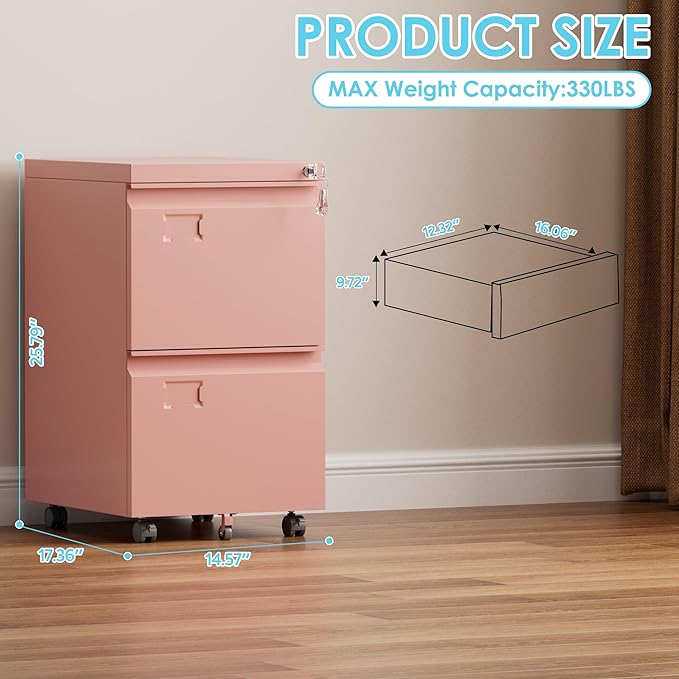 2 Drawer Mobile File Cabinet with Lock,Under Desk Metal Filing Cabinets for Home Office Fits Letters/Legal/A4 Size Folder, Assembly Required, Pink