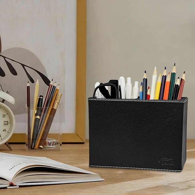 Black Pen Holder, Double Slots Leather Pencil Holder, Elegant Pen Holder - Image 5