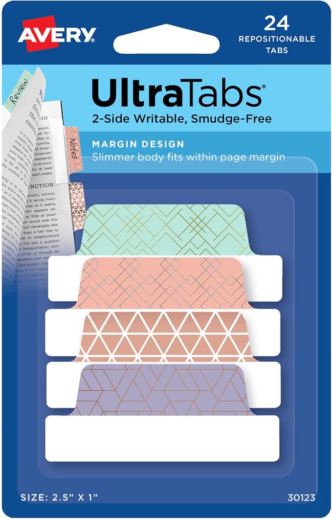 Avery Margin Ultra Tabs, 2.5" x 1", 24 Repositionable Page Tabs by Avery