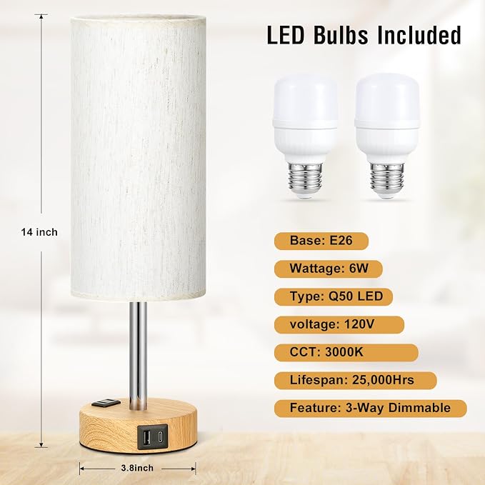 Fenmzee Small Touch Table Lamps Set of 2-3-Way Dimmable, USB A + C Charging - Image 4