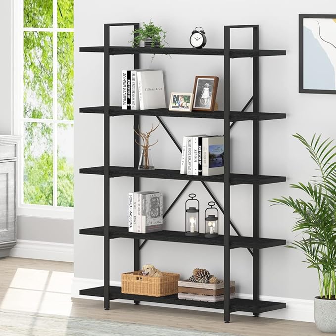 HSH 5 Tier Tall Black Bookshelf, Wood and Metal Storage Book Rack, Industrial Modern Etagere 5 Shelf Bookcase, Large Wide Open Display Book Shelf for Bedroom Living Room Office, Bookshelves Heavy Duty-DeskLoop Office