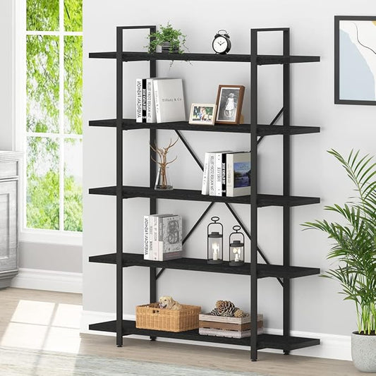 HSH 5 Tier Tall Black Bookshelf, Wood and Metal Storage Book Rack, Industrial Modern Etagere 5 Shelf Bookcase, Large Wide Open Display Book Shelf for Bedroom Living Room Office, Bookshelves Heavy Duty-DeskLoop Office