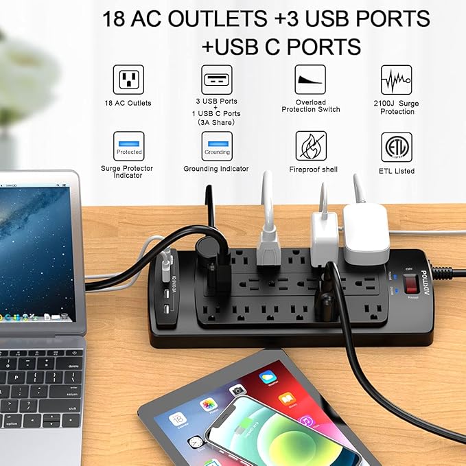 18 Outlets Surge Protector Power Strip - 6 Feet Flat Plug Heavy Duty Extension Cord with 18 Widely Outlets and 4 USB Ports, 2100 Joules, Black, ETL Listed-DeskLoop Office