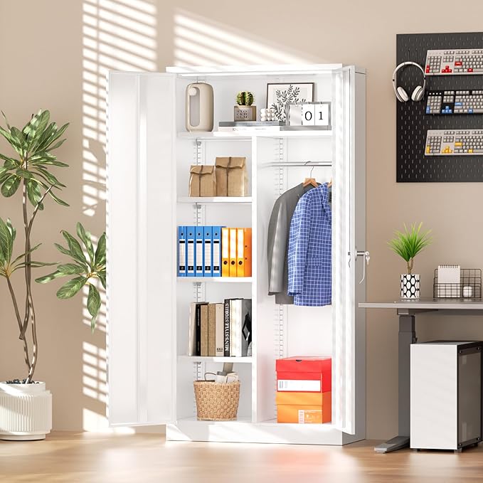 Greenvelly Metal Storage Wardrobe Cabinet with Lock, 72" White Metal Wardrobe Closet for Hanging Clothes with Doors and Shelves, Modern Clothes Closet for Home, Office and Bedroom, School,Gym-DeskLoop Office