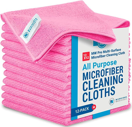 12" x 12" MW Pro Multi-Surface Microfiber Cleaning Cloths | Pink - 12 Pack | Premium Microfiber Towels for Cleaning Glass, Kitchens, Bathrooms, Automotive, Supplies & Products-DeskLoop Office