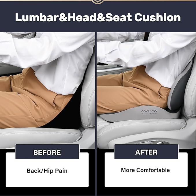 Coverado Seat Cushion and Lumbar Support Headrest Pillow for Car Office Chair, Ergonomic Memory Foam Chair Cushion Back Neck Support Pillow, Sciatica & Back & Tailbone Pain Relief Cushion-Bgray-DeskLoop Office