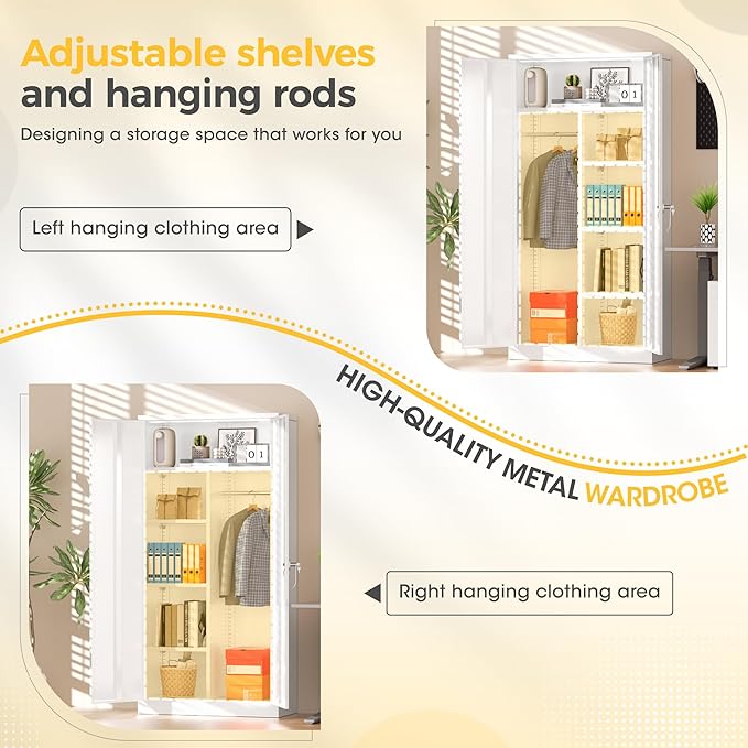 Greenvelly Metal Storage Wardrobe Cabinet with Lock, 72" White Metal Wardrobe Closet for Hanging Clothes with Doors and Shelves, Modern Clothes Closet for Home, Office and Bedroom, School,Gym-DeskLoop Office