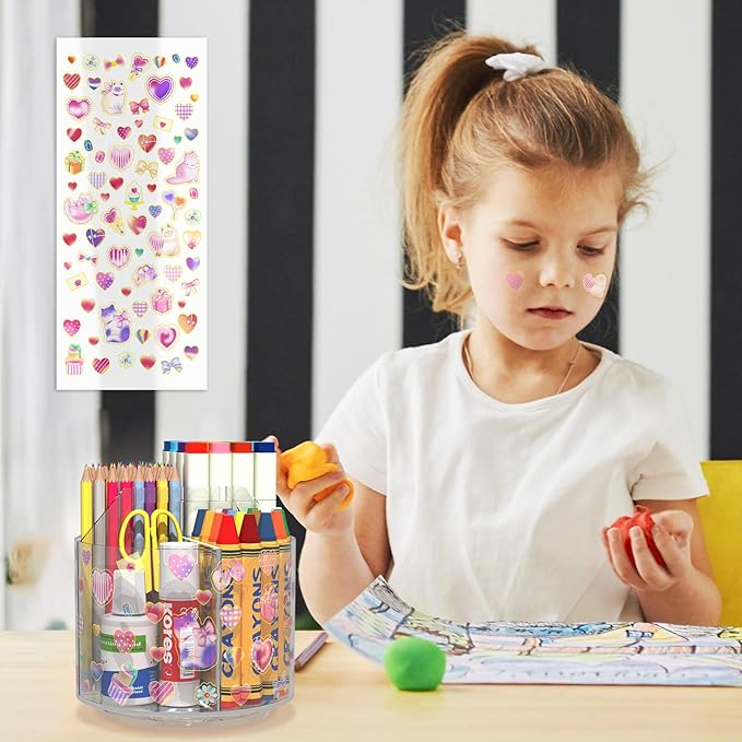 Acrylic Pencil Organizer for Desk 4 Compartments with Adhesive DIY Sticker, Rotating Art Supply Organizer with Kawaii Sticker Kids, Spinning Round Marker Organizer Small Supply Organizers Caddy-DeskLoop Office