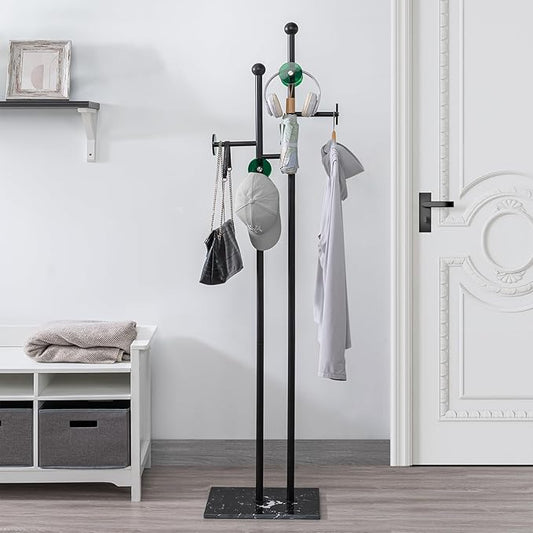 Free Standing Coat Rack with Marble Base & 8 Hooks Heavy Duty Clothes Rack for Entryway Bedroom Living Room Hotel 14.96 x 10.24 x 68.9 Inches (Black)-DeskLoop Office