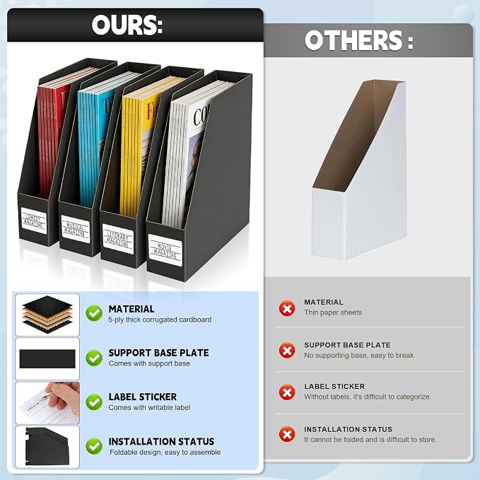 YOTINO Black Magazine Holder, 6 Pack Cardboard Magazine File Holders, Vertical - Image 4