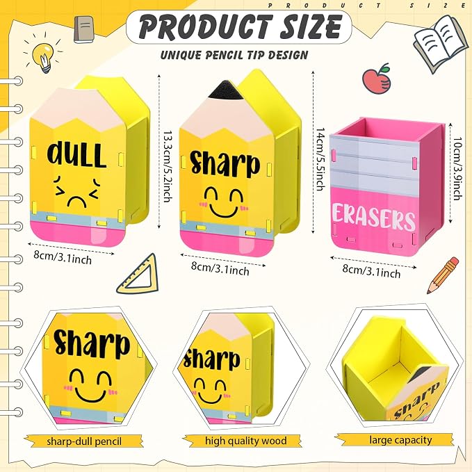 DoubleFill 3 Pcs Sharp and Dull Pencil Holder Eraser Buckets Wooden Shaped - Image 2