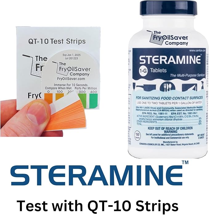 2 Bottles Steramine Sanitizer Tablet 15xQT-10 Test Strip, Multi Purpose Steramine Sanitizing Tab for Food Contact Surface Kitchen, Restaurant, Diner & Food Service by FryOilSaver Co. (300 Tablets)-DeskLoop Office