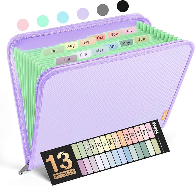 Sooez 13 Pocket Accordion File Organizer, Zipper Expanding File Folder Organizer by Sooez
