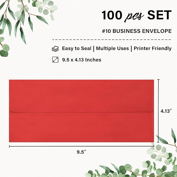 100 Pack #10 Business Envelopes, Self Seal Standard Christmas Red Envelopes - Image 2