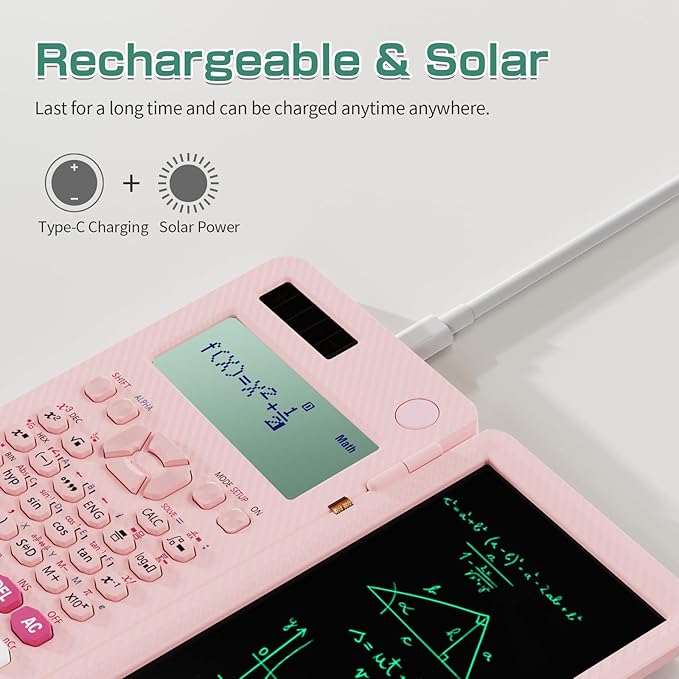 Rechargeable ROATEE 991ES MAX Scientific Calculators, CalcNote Multiview 4-Line Display with LCD Writing Tablet Notepad, Foldable Portable for Business High School College Students and Teacher(Pink)-DeskLoop Office