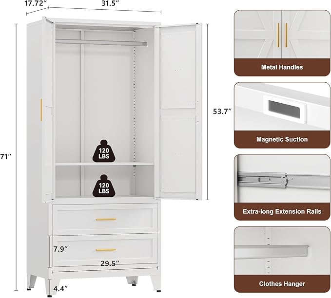Farmhouse Wardrobe Cabinet with 2 Drawers,Metal Wardrobe Closet with Hanging Rod,Metal Armoire with Adjustable Shelves for Bedroom,Living Room, Cloak Room,Office (White)-DeskLoop Office